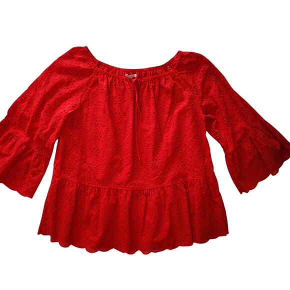 John Mark Red Eyelet Peasant Blouse Top, Cotton, Ruffle Sleeves sz XL - Picture 4 of 12